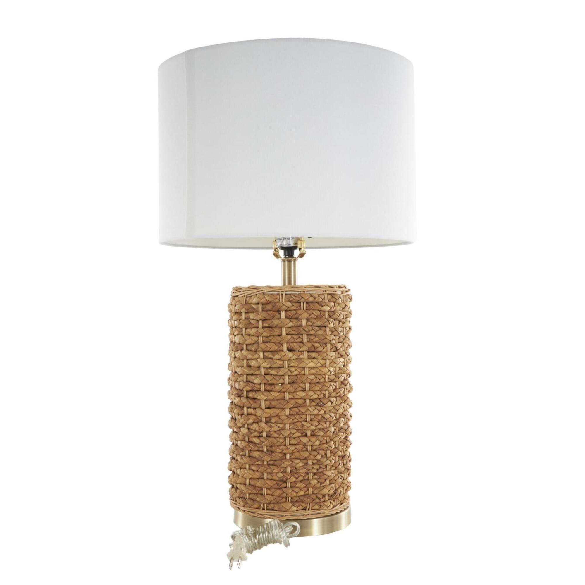 28" Bohemian Handmade Brown Rattan Textured Table Lamp with White Shade & Gold Base